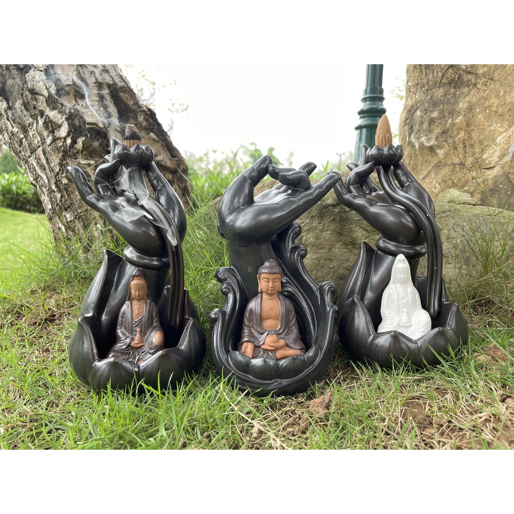 Thác Khói Trầm Hương Quan Âm Bồ Tát gốm sứ, đốt nụ trầm hương khói ngược