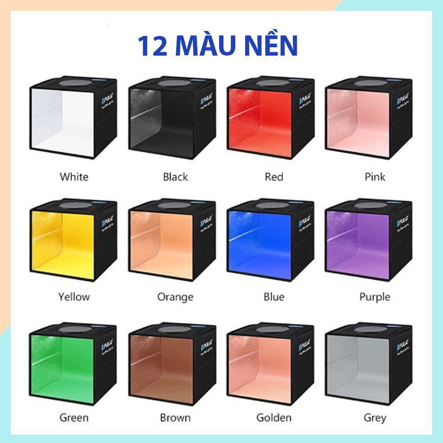 Hộp chụp hình sản phẩm 40x40 Puluz hộp chụp ảnh sản phẩm siêu sáng 12 phông nền