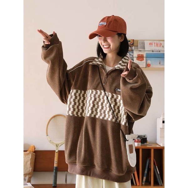 Áo Khoác Sweater Cổ Polo Dáng Rộng Họa Tiết Sọc Caro Phong Cách Retro Mỹ Thời Trang Cho Nữ