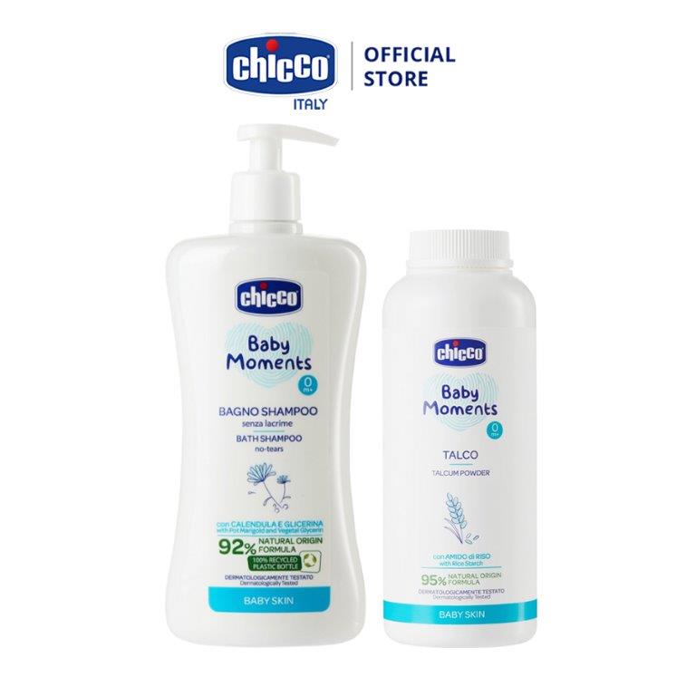 Combo Sữa tắm gội chiết xuất Hoa cúc 0M+ Chicco 500ml + Phấn rôm tinh bột Gạo Chicco