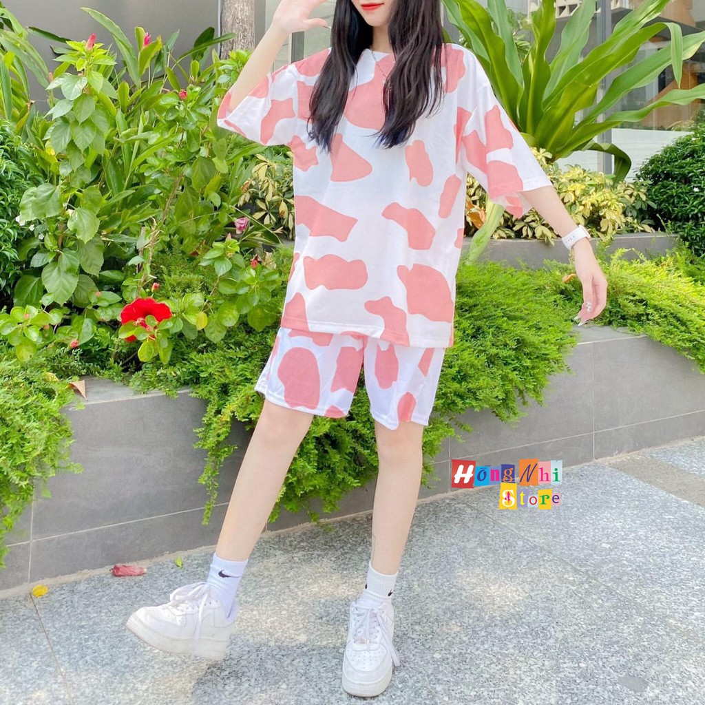 Set Bộ Con Bò Thun Tay Lỡ Tie Tee Phối Quần Cartoon Đùi Ulzzang Unisex Dáng Rộng - MM