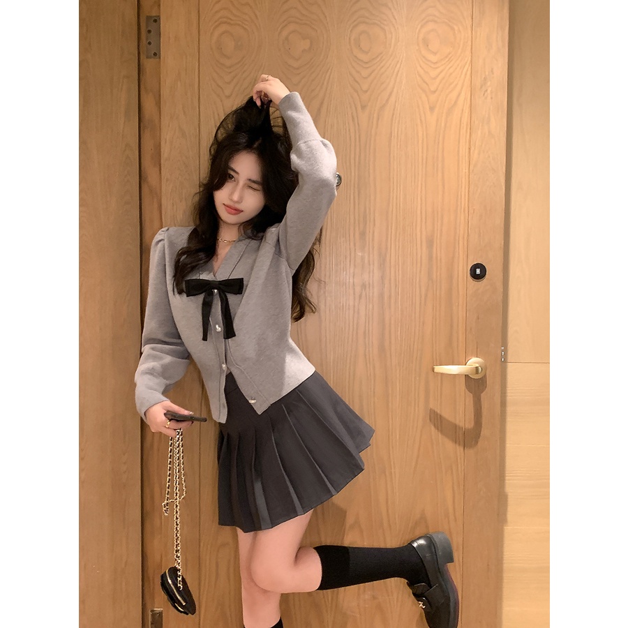 621579 Áo Khoác Cardigan Dệt Kim Cổ Chữ v Phối Nơ Thời Trang Thu Đông