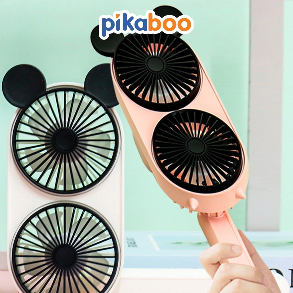 Quạt mini câm tay Pikaboo 2 lồng quạt cao cấp sạc pin màu hồng