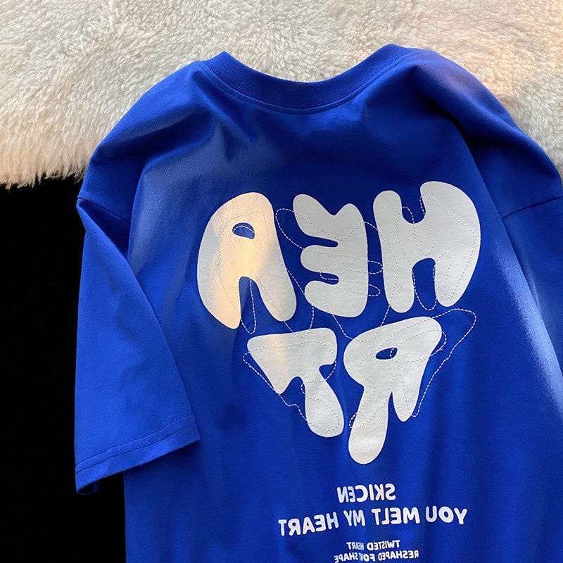 Áo Thun Tay Ngắn Dáng Rộng In Chữ Màu Xanh Dương Phong Cách Âu Mỹ Thời Trang Mùa Hè Cho Nam Và Nữ
