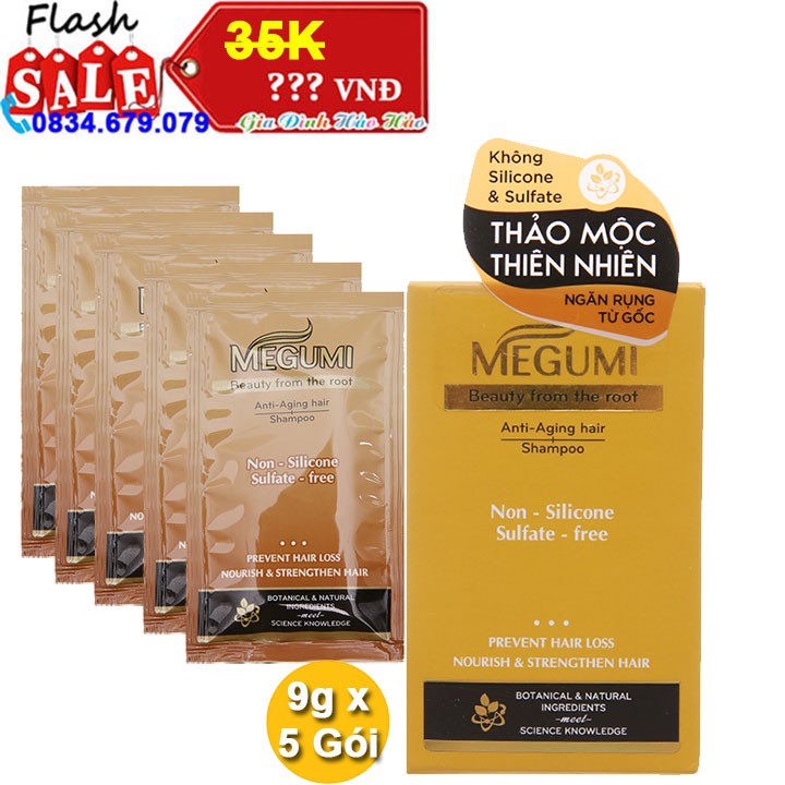 [CLEARANCE SALE] Dầu gội ngăn rụng tóc Megumi thảo mộc thiên nhiên Hộp 5 gói x 9g