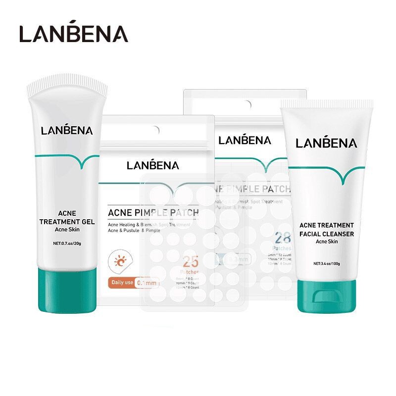 Set 4 Mỹ Phẩm Hỗ Trợ Giảm Mụn Lanbena Gồm Miếng Dán+Gel+Sữa Rửa Mặt Kiềm Dầu Làm Mịn Giảm Mẩn Đỏ Chăm Sóc Da