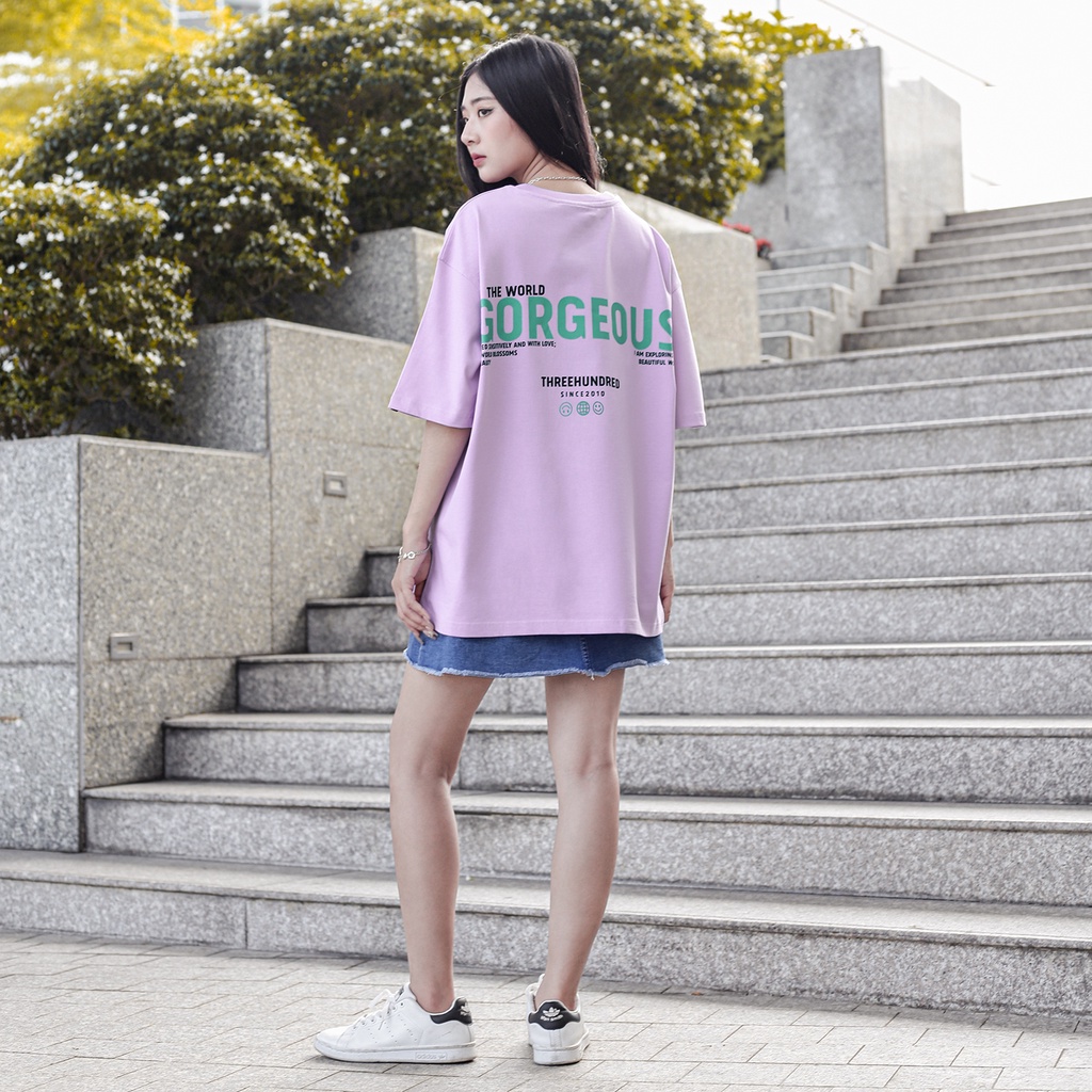 Áo Thun Tím In Chữ The World Gorgeous Màu Xanh Chất Liệu 100% Cotton Form Rộng Thoải Mái Unisex Nam Nữ