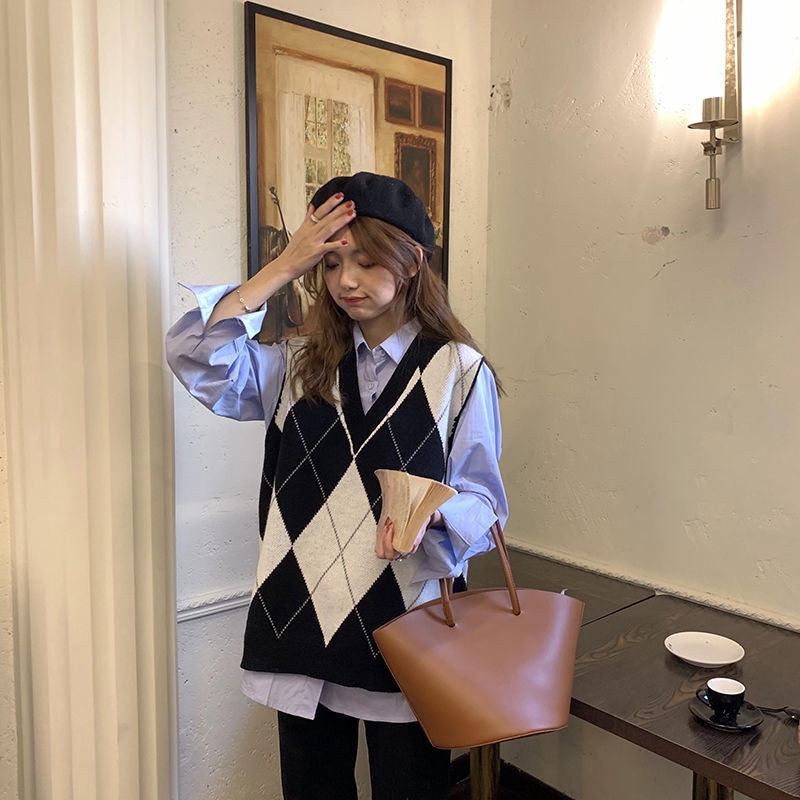 Áo sweater SUXI dệt kim cổ chữ V dáng rộng họa tiết caro phong cách Hàn Quốc cổ điển thời trang