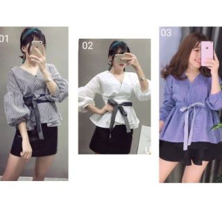 Áo Sơ Mi Tay Dài Đắp Chéo Buộc Eo Sang Chảnh