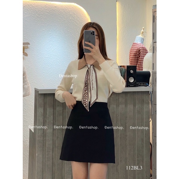 Áo len cổ bẻ đính kèm nơ-112BL3- Đenta shop