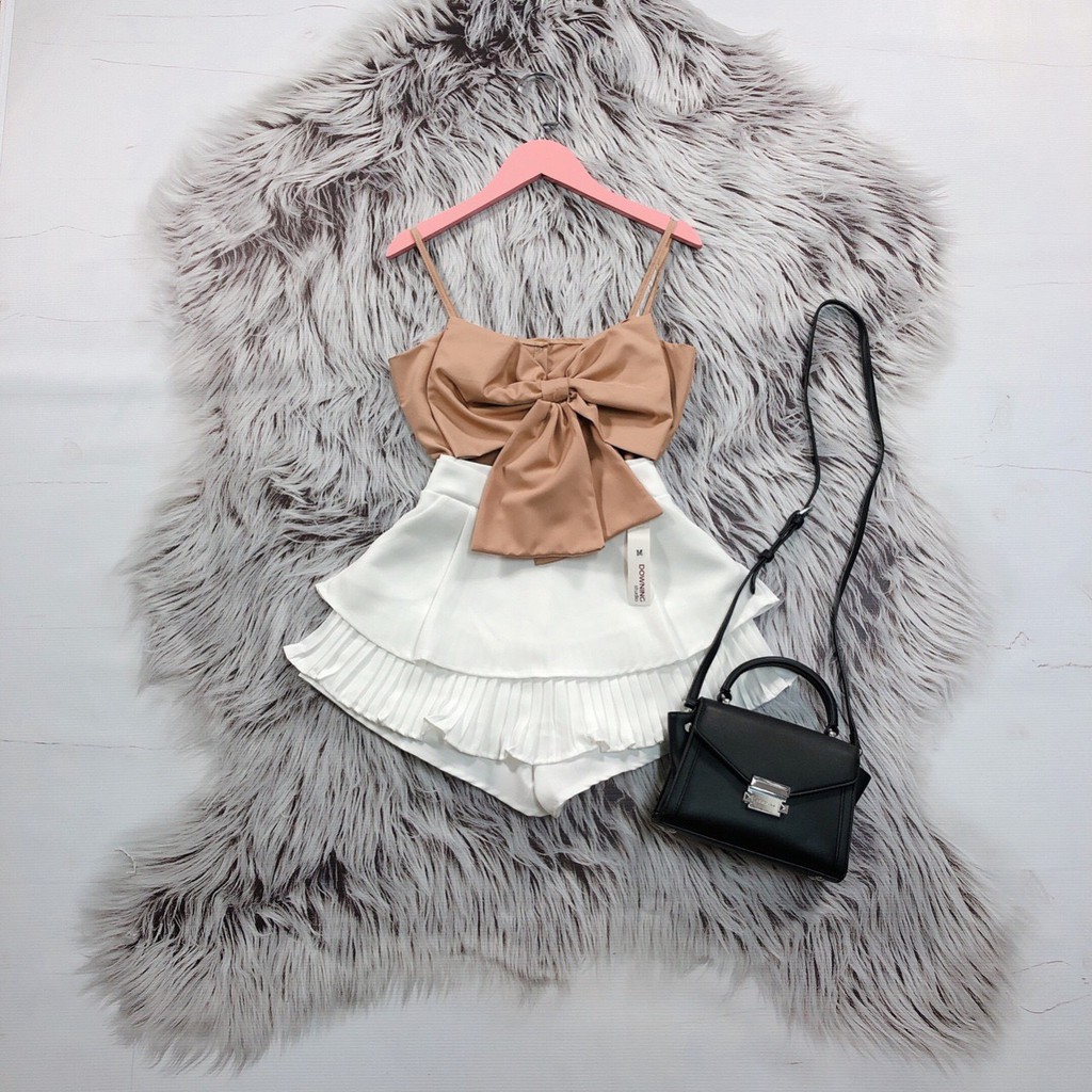mix set xinh áo 2 dây nơ kèm chân váy dập ly đẹp