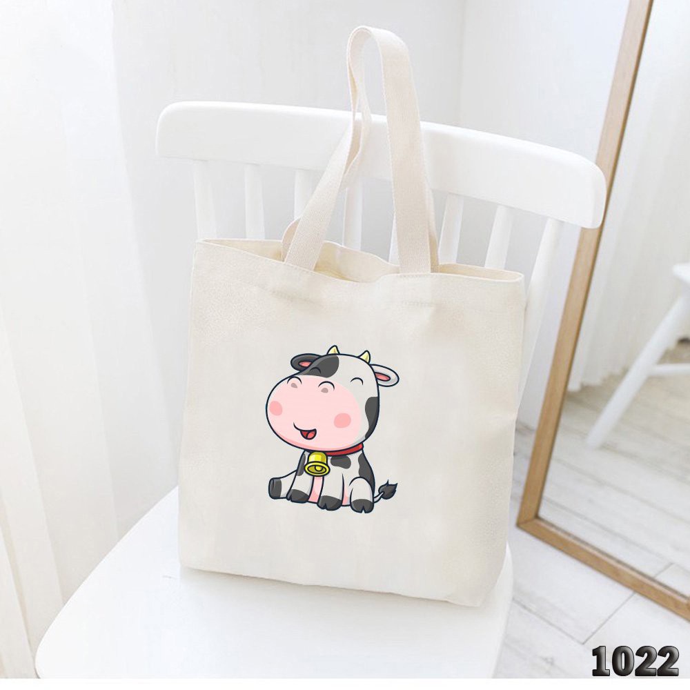 Túi Tote Trắng Vải Canvas Cao Cấp 1022 485 Bò Sữa Chuông Vàng Dễ Thương