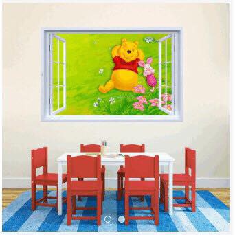 Decal trang trí khung cửa sổ hình Gấu Pooh và thỏ hồng xinh