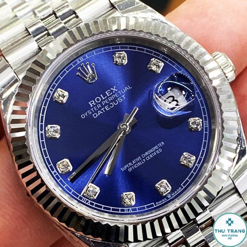 Đồng hồ Nam Rolex máy nhật, mẫu classic, mặt xanh viền trắng đính đá, dây kim loại, dòng cơ Automatic size 39mm-40mm