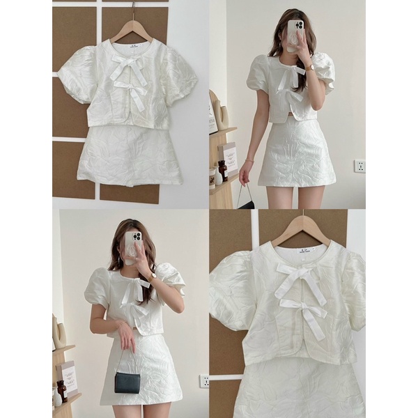 [Ảnh thật/Video]Set gấm hai nơ to tiểu thư nhẹ nhàng  Set áo kèm chân váy hàng Quảng Châu