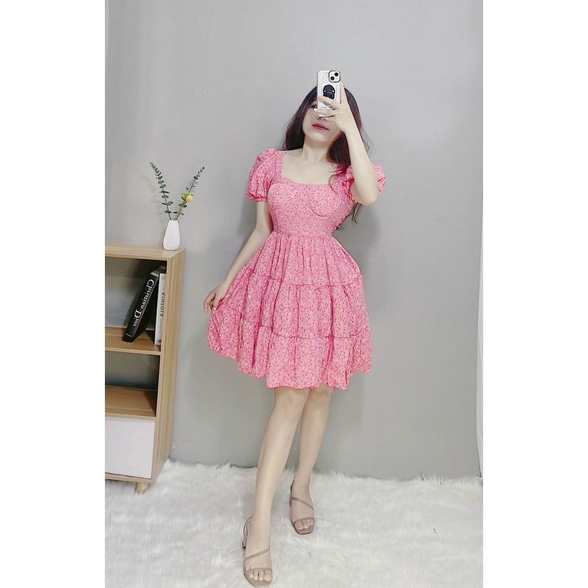 Váy suông hoa nhí tay bồng cổ vuông mút ngực siêu xinh bầu bì bon chen hình thật