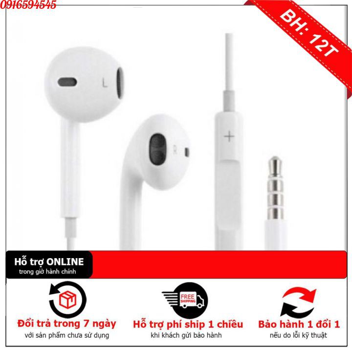 Tai nghe có dây ⚡ FREESHIP ⚡ Tai nghe nhét tai màu trắng, chuẩn zin, Bảo Hành 12 Tháng