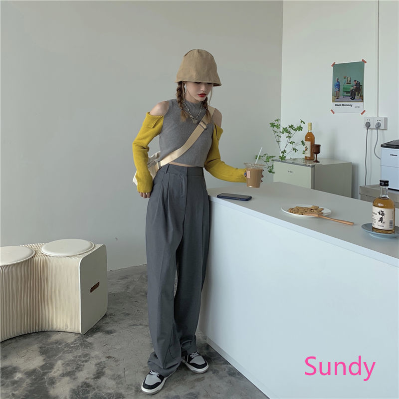 Áo Croptop Dệt Kim Tay Dài Trễ Vai Màu Tương Phản Phong Cách Hàn Quốc