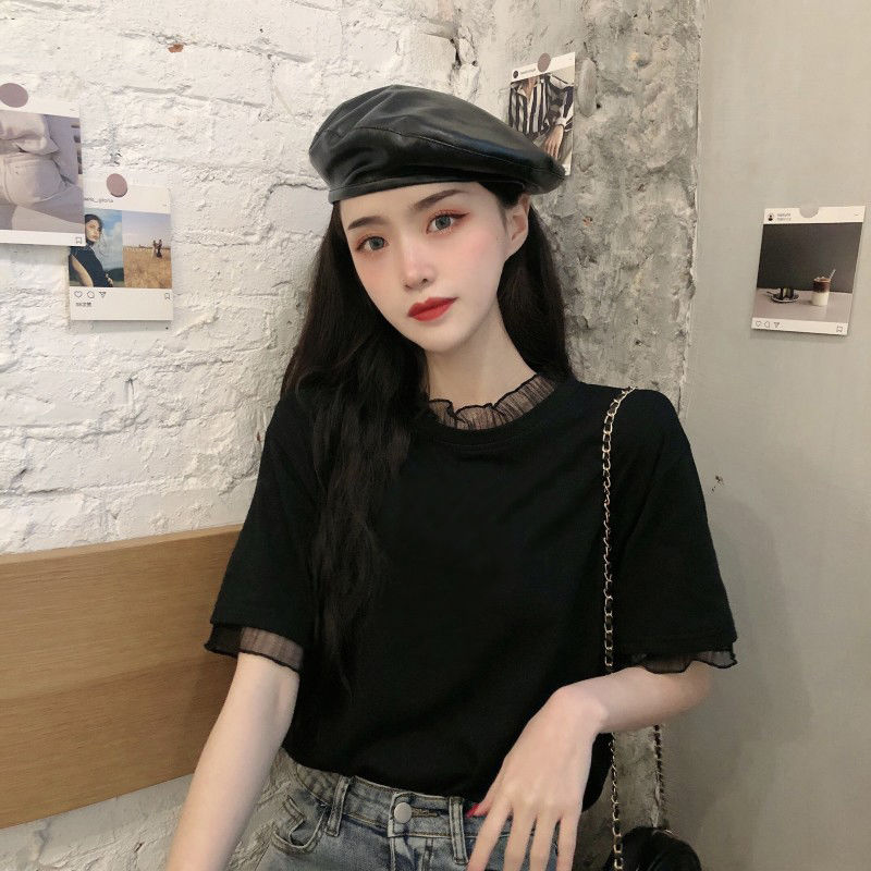 Áo Thun Ngắn Tay Phối Lưới Phong Cách Hàn Quốc Dành Cho Nữ