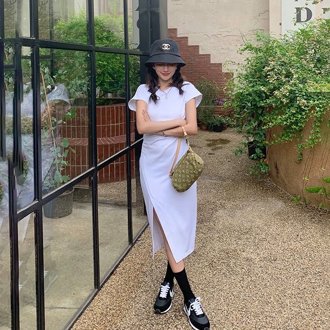 Đầm Thun Trắng Dài Xẻ Tà Nhấn Eo Thời Trang Cho Nữ