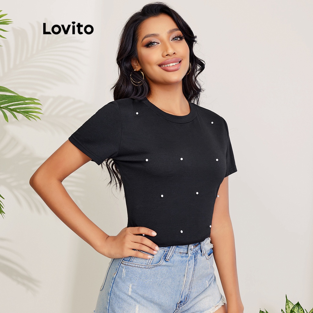 Áo thun Lovito cổ tròn đính ngọc trai giả màu trơn phong cách thường ngày L27LD009 (màu đen)