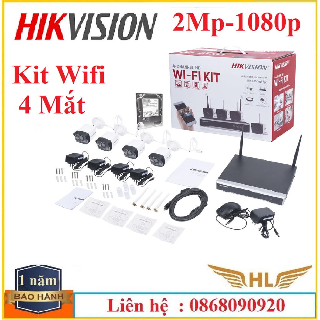 Bộ Camera Wifi 4 Mắt Bộ KIT Hikvision NK42W0 4 Mắt Siêu Nét 4Mp 1440P,Full HD 1080P Thân Ngoài Trời -Hàng Chính Hãng