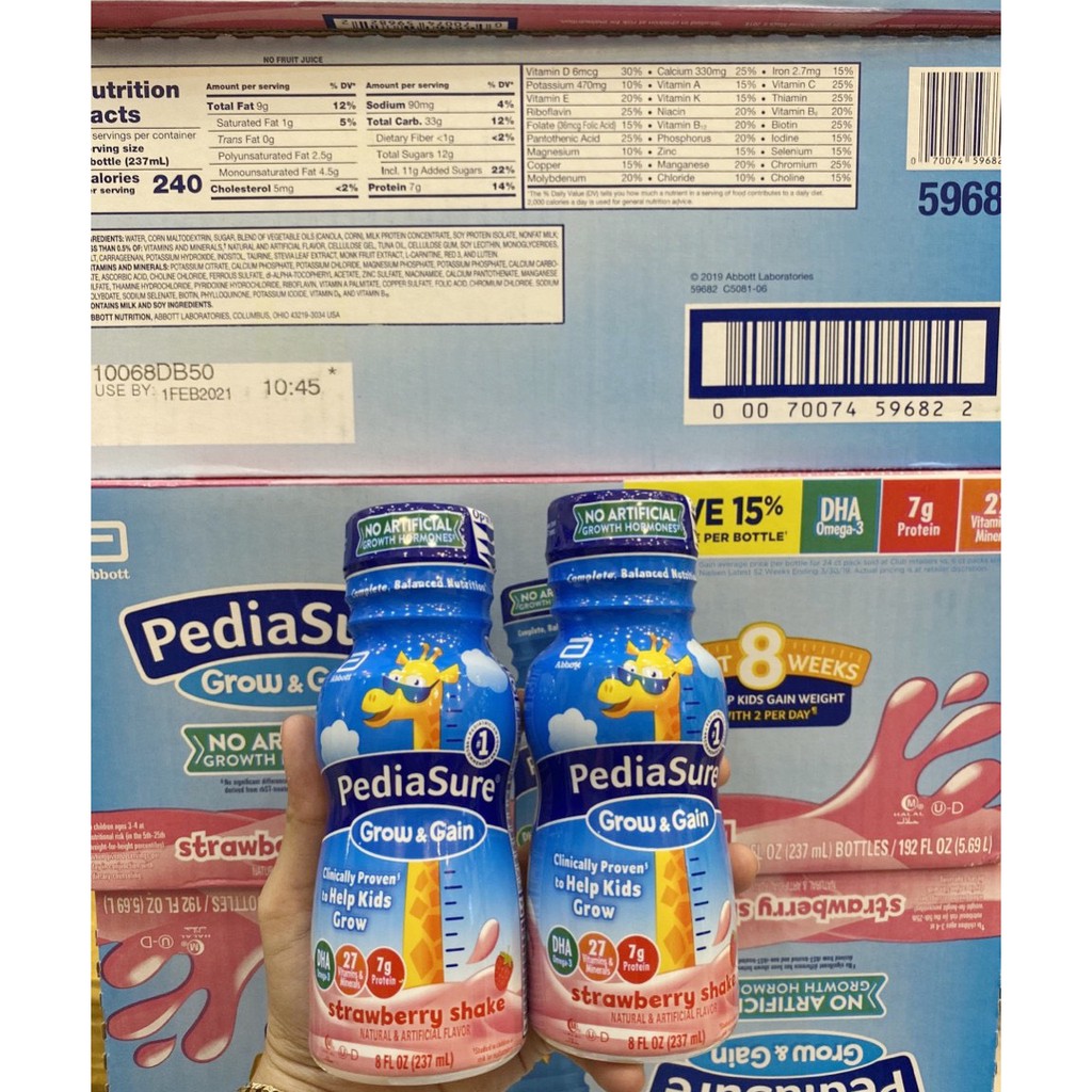 [Date 6/2021] Thùng 24 chai Sữa nước Pediasure Dâu Grow Gain 237ml Mỹ giàu DHA