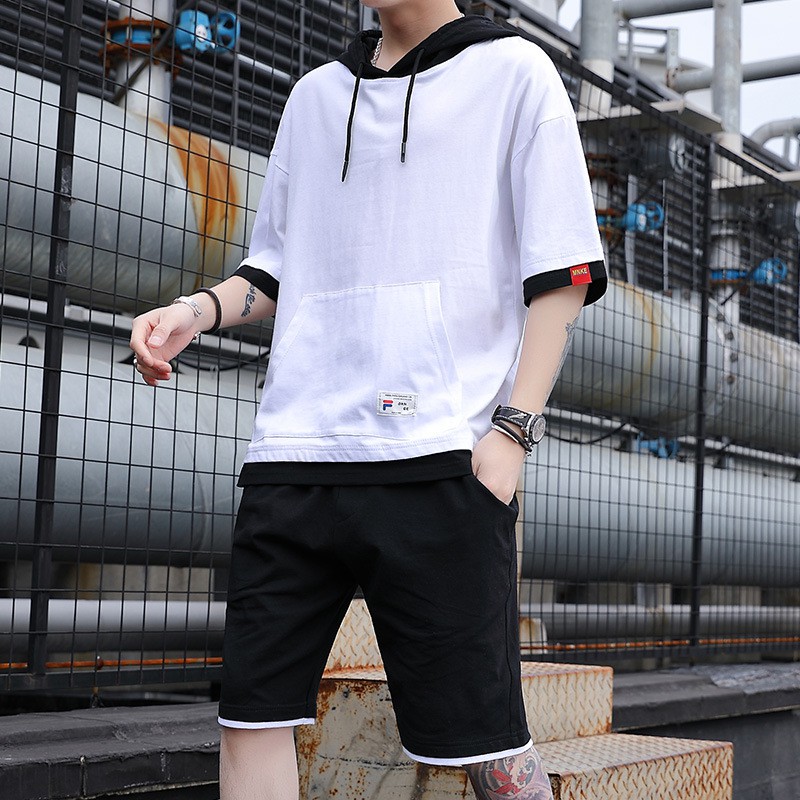 Bộ Đồ Thể Thao Áo Hoodie Tay Ngắn Phối Quần Short Kiểu Hàn Quốc Thời Trang Mùa Hè Cho Nam 2021