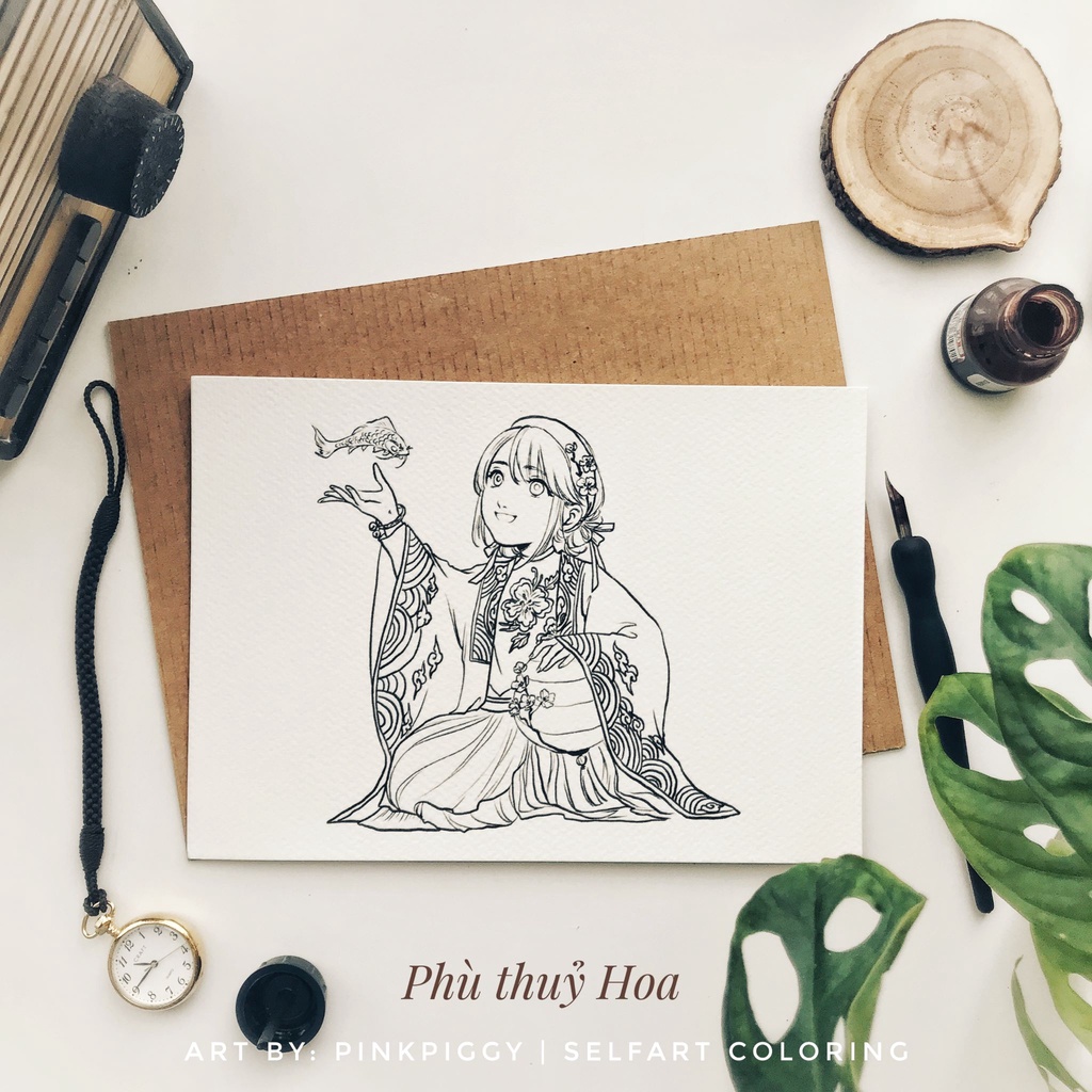 [rysearthub]Tranh tô màu lineart &quot;Phù thủy hoa&quot; - 4 tranh bởi @hoathuhong, coldpress, 300gsm