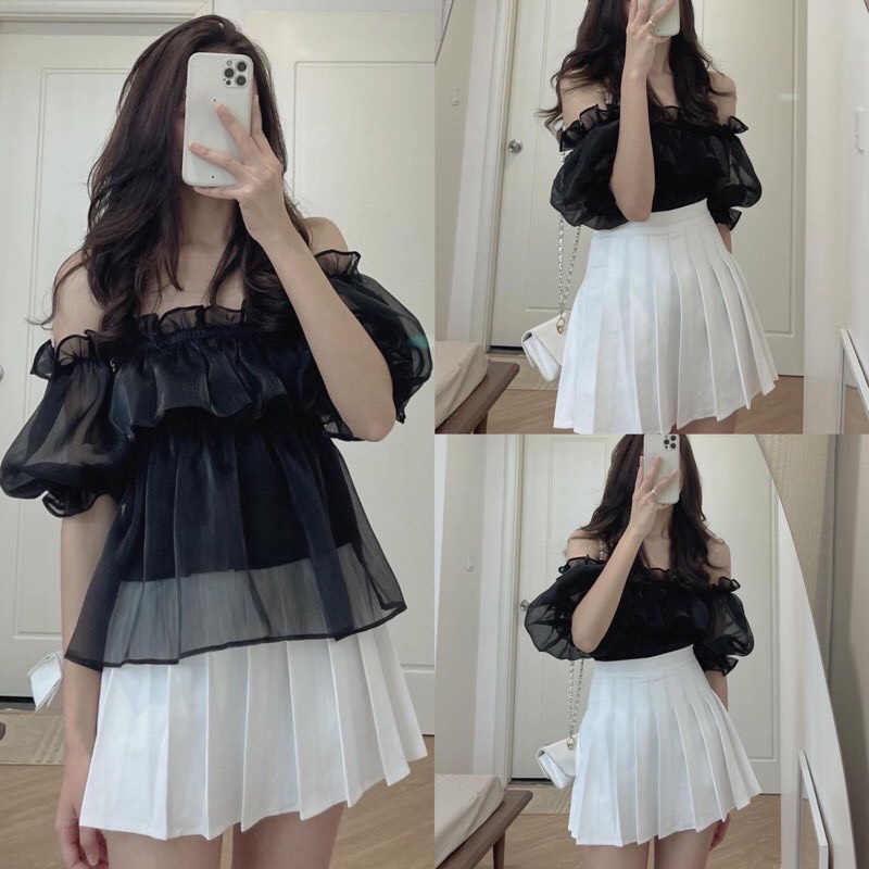 Áo Tơ Trễ Vai Ngực Bèo Nhún Sang Chảnh Áo Trễ Vai Tay Bồng Tiểu Thư | BigBuy360 - bigbuy360.vn