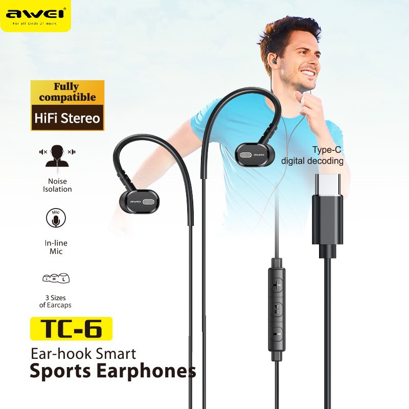 Awei TC-6 Mini Bass Stereo Type-C Plug Hanging Ear Wire Earbuds With Wire Control