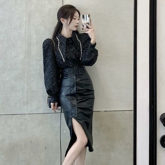 Áo Sơ Mi Dài Tay Mũi Nhọn Họa Tiết Đính Đá Phong Cách Hàn Quốc