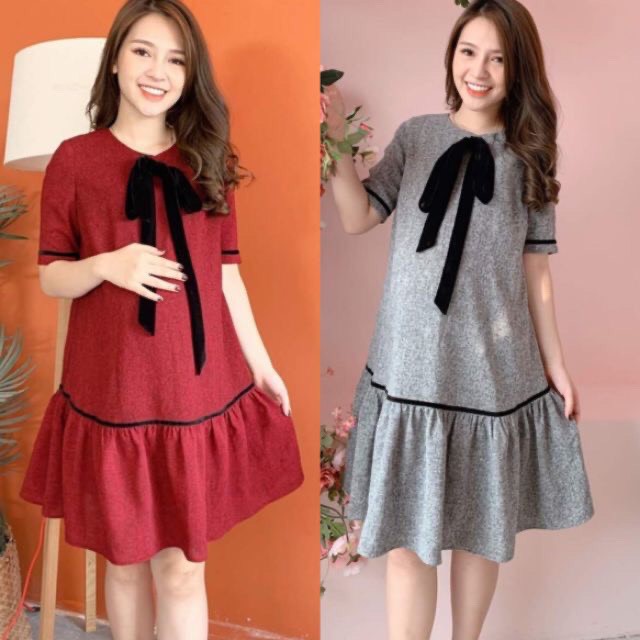 Váy bầu Thu Đông, chất dạ, có nơ cách điệu duyên dáng cho mẹ bầu từ 45 - 70kg