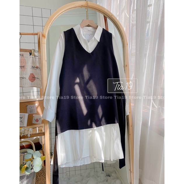 Set váy yếm xếp ly dài tay Tia19 . Đầm sơmi dáng xoè ulzzang