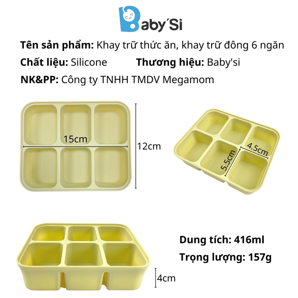 Khay Trữ Đông Đồ Ăn Dặm Silicon Baby'Si 6 Ngăn Có Nắp, Khay Trữ Đồ Ăn Dặm, Hộp Đựng Thức Ăn, Khay Làm Đá Viên Cỡ Lớn