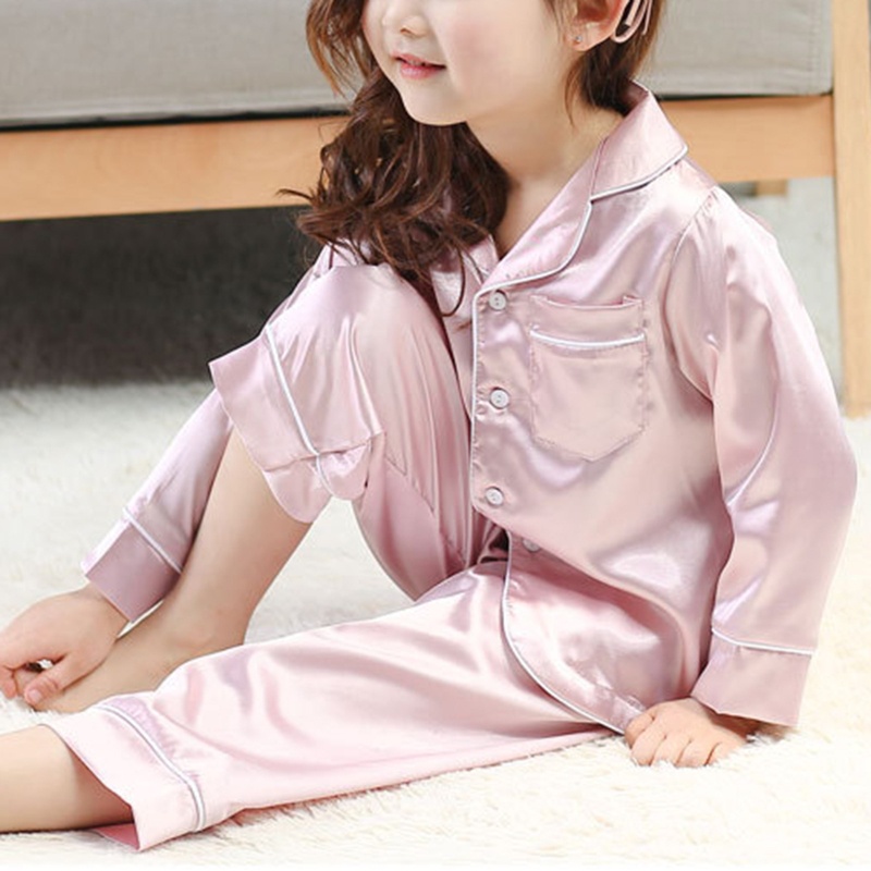 Bộ Đồ Ngủ 2 Món Bằng Lụa Lạnh Tay Dài Cài Khuy Màu Trơn Kèm Quần Dành Cho Bé Trai Gái