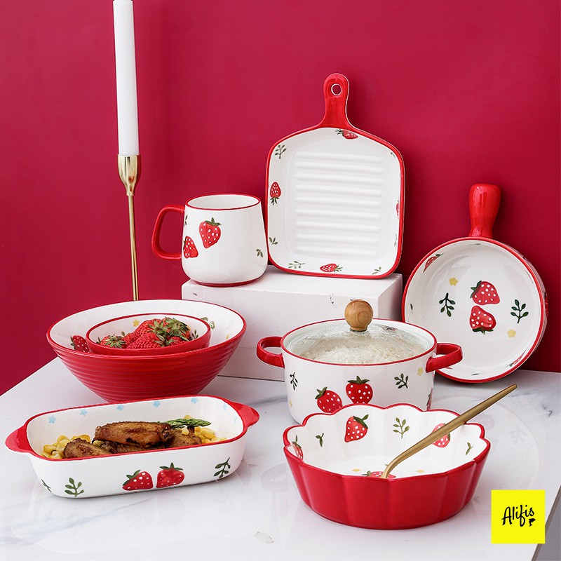 Bộ bát đĩa, bát đĩa sứ đẹp phong cách Hàn Quốc họa tiết dâu tây đỏ - Phụ kiện bàn ăn