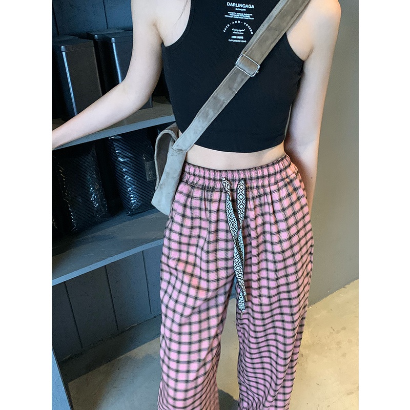 Quần Dài Lưng Cao Ống Rộng Họa Tiết Sọc Caro Phong Cách retro Hàn Quốc Thời Trang Cho Nữ