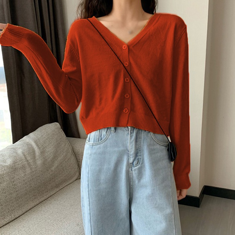 Áo Khoác Cardigan Dệt Kim Cổ Tim Xinh Xắn Cho Nữ