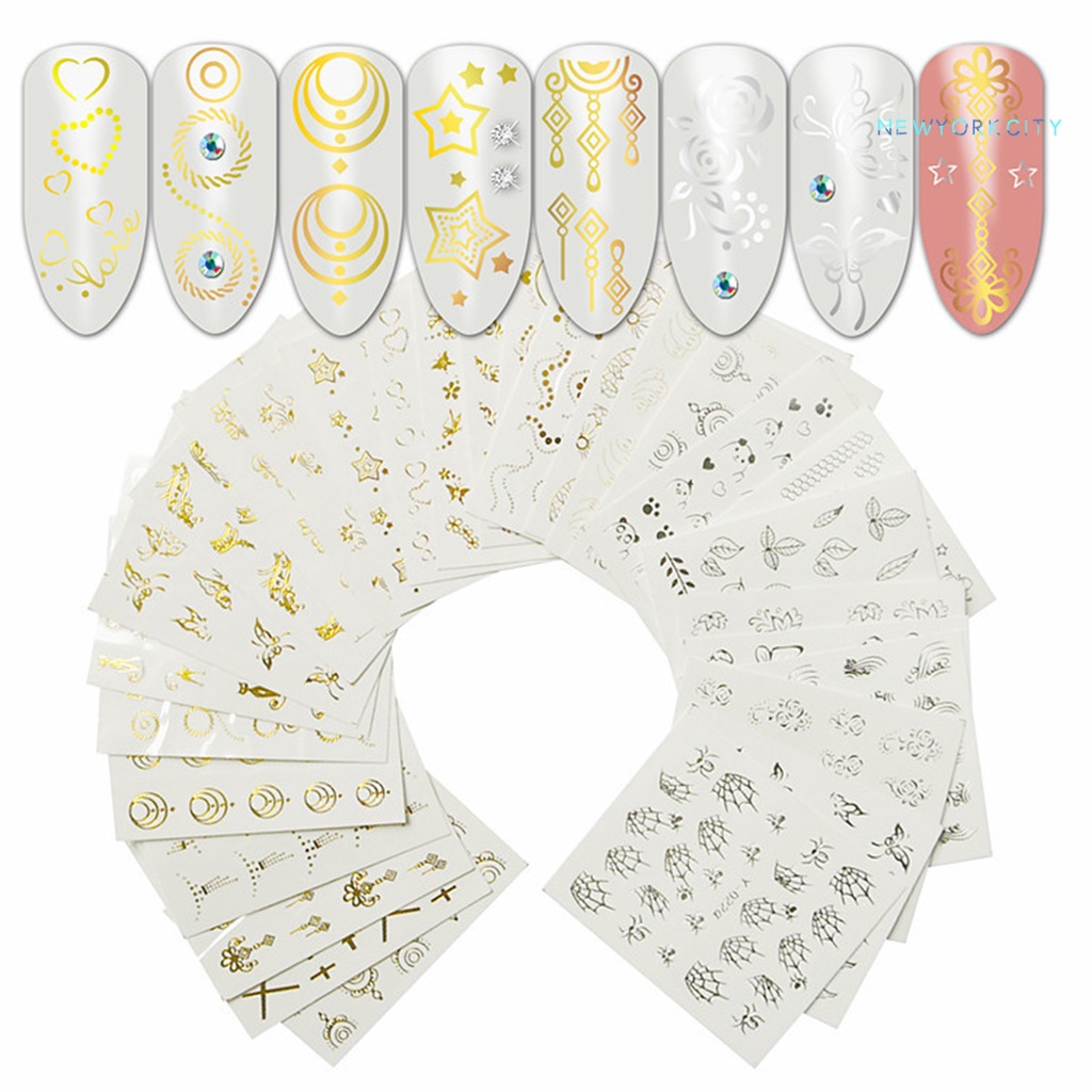 Set 16 Miếng Dán Móng Tay Nhẹ Nhàng Họa Tiết Bông Tuyết Màu Sắc Vàng Kim