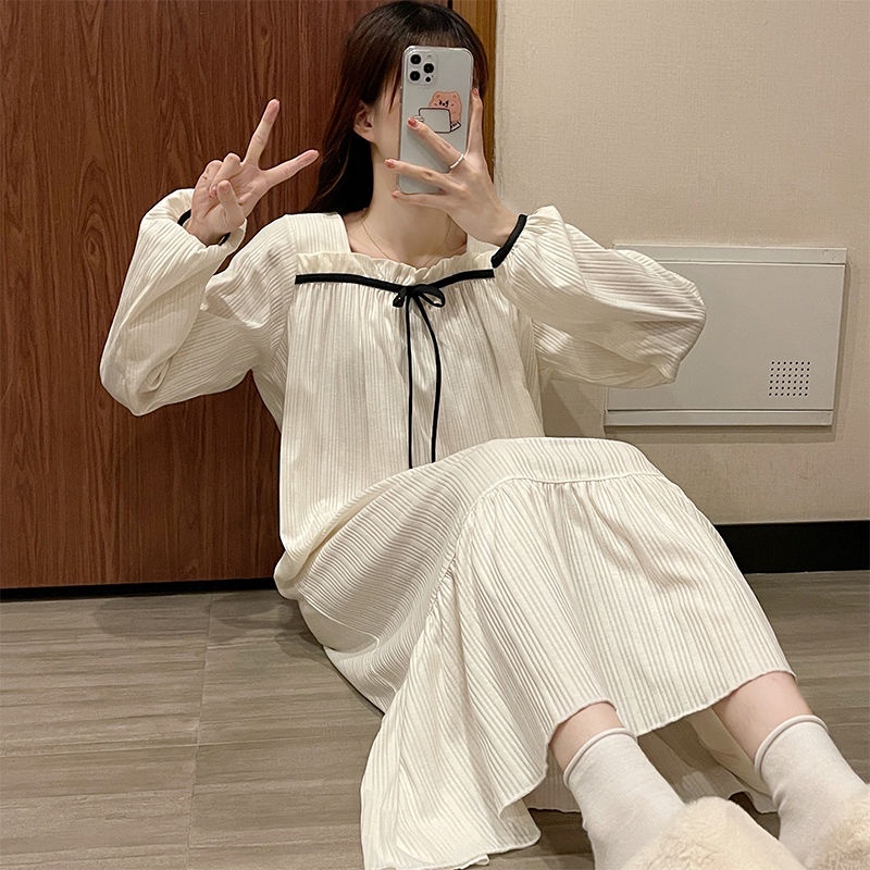 Jiashucheng Đầm Ngủ Dáng Dài Đính Nơ Thời Trang Mùa Xuân Xinh Xắn Cho Nữ