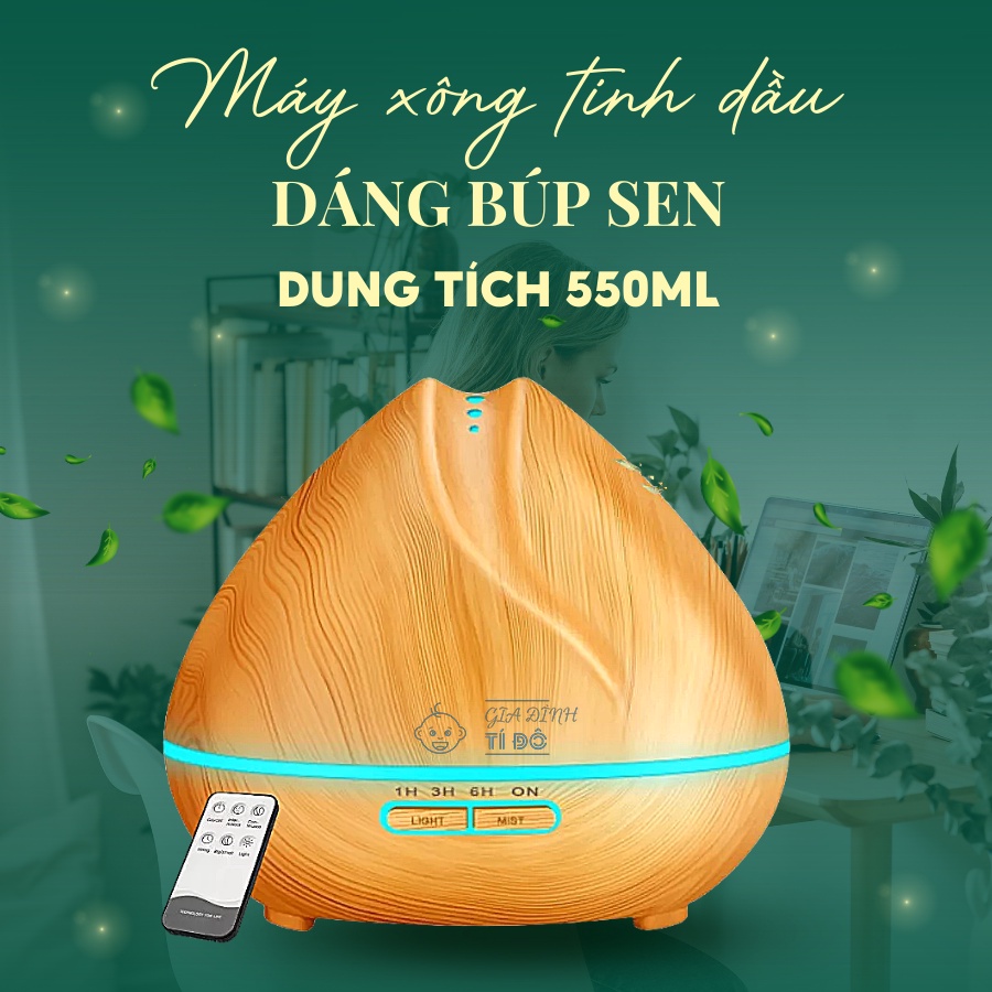 Máy Khuếch Tán Tinh Dầu/ Máy Xông Tinh Dầu/ Máy Phun Sương BÚP SEN-550ML - Điều Khiển Bằng REMOTE- BẢO HÀNH 3 THÁNG