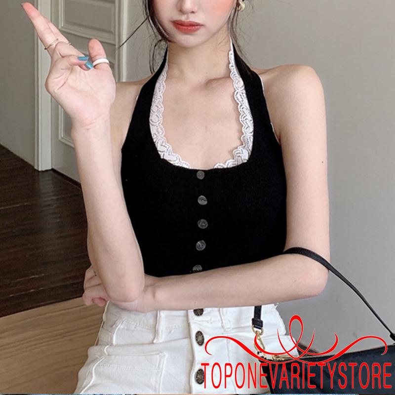 Áo Croptop Hai Dây Phối Ren Màu Sắc Thời Trang Cho Nữ