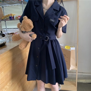 Váy sơ mi dáng xoè cổ bẻ dạng blazer có thắt eo