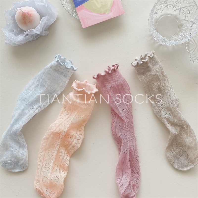 TIANTIAN T228 Tất nữ cao cổ mỏng Vớ Lưới Rỗng Bằng Cotton Thoáng Khí Màu Trơn Dễ Thương Thời Trang Mùa Hè Cho Nữ