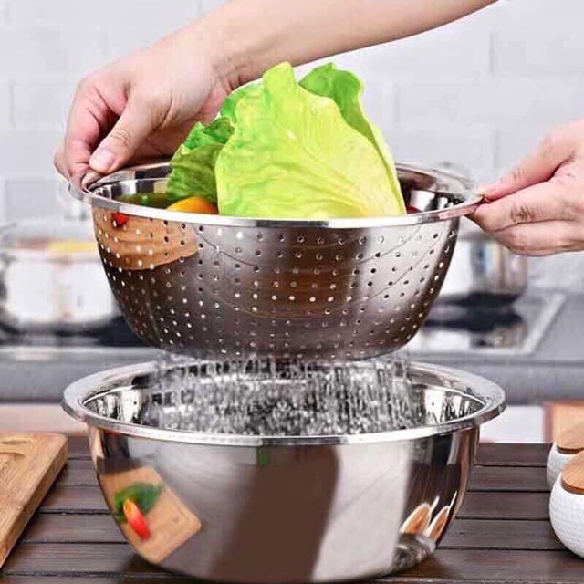 Set 5 Món Thau Rổ Inox 304 Không Gỉ, Dày Dặn Có Lỗ Thoát Nước Tiện Dụng