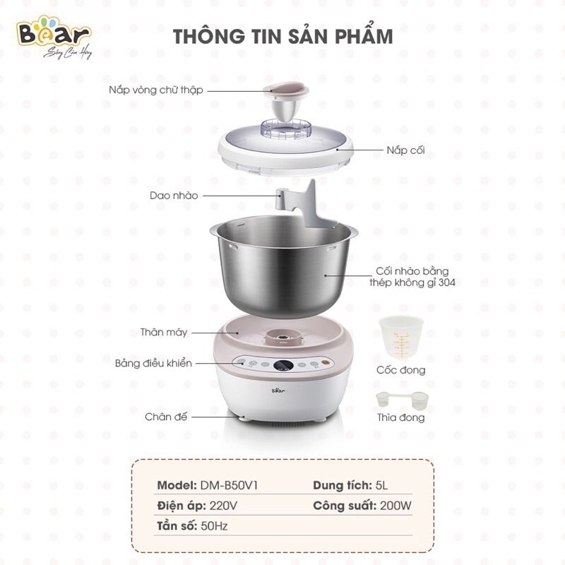 Máy nhào bột, nhồi bột Bear 5L bản nội địa HMJ A50B1 bảo hành 12 tháng