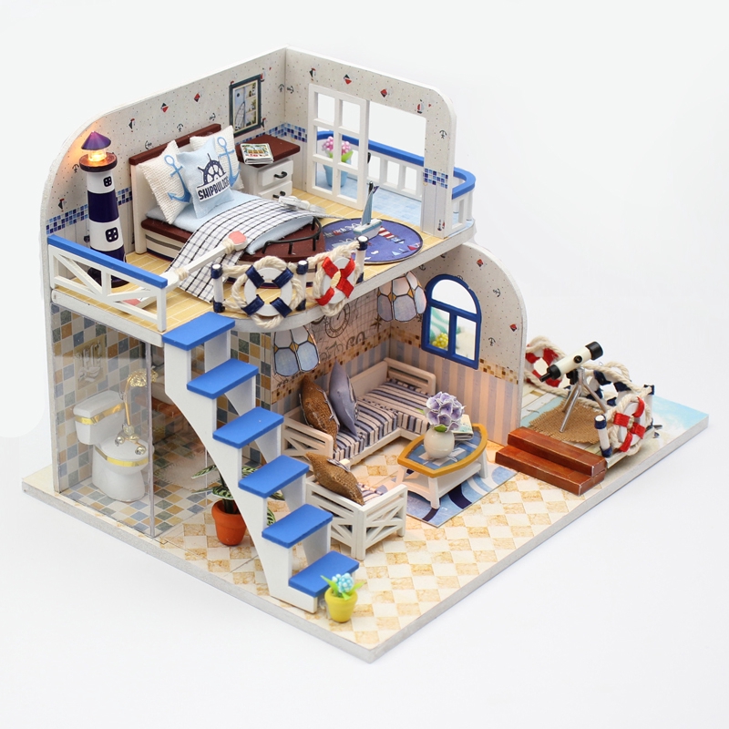 đồ chơi mô hình lắp gáp gỗ vật dụng trang trí ngôi nhà màu xanh bên bờ biển M032 có đèn