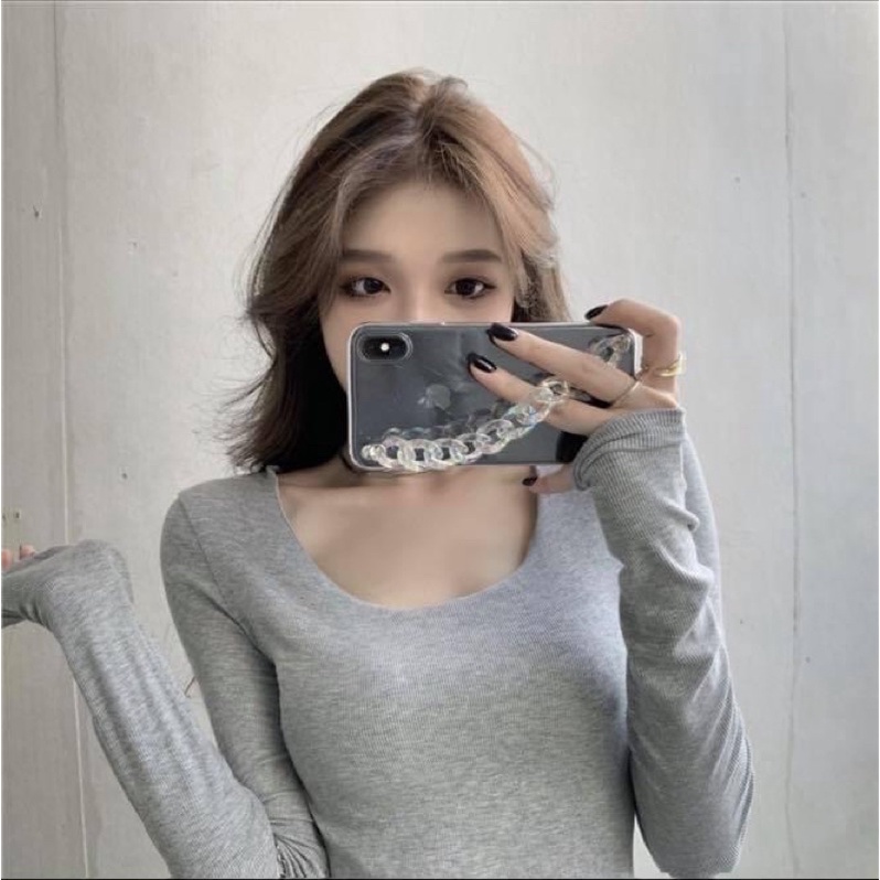 Áo thun tay dài ôm body kiểu nữ vạt chéo xẻ tà trơn cổ tròn - Order taobao quảng châu