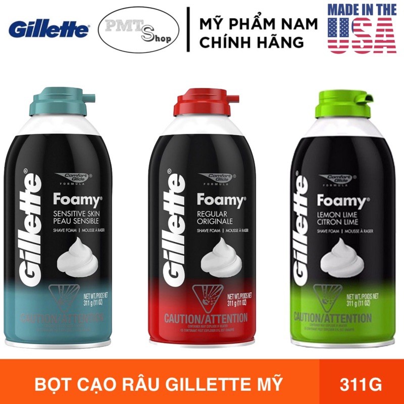 Kem Bọt Cạo Râu GILLETTE Foamy Regular Originale, Lemon Lime Citron Lime, Sensitive Skin 311g 300ml 200ml